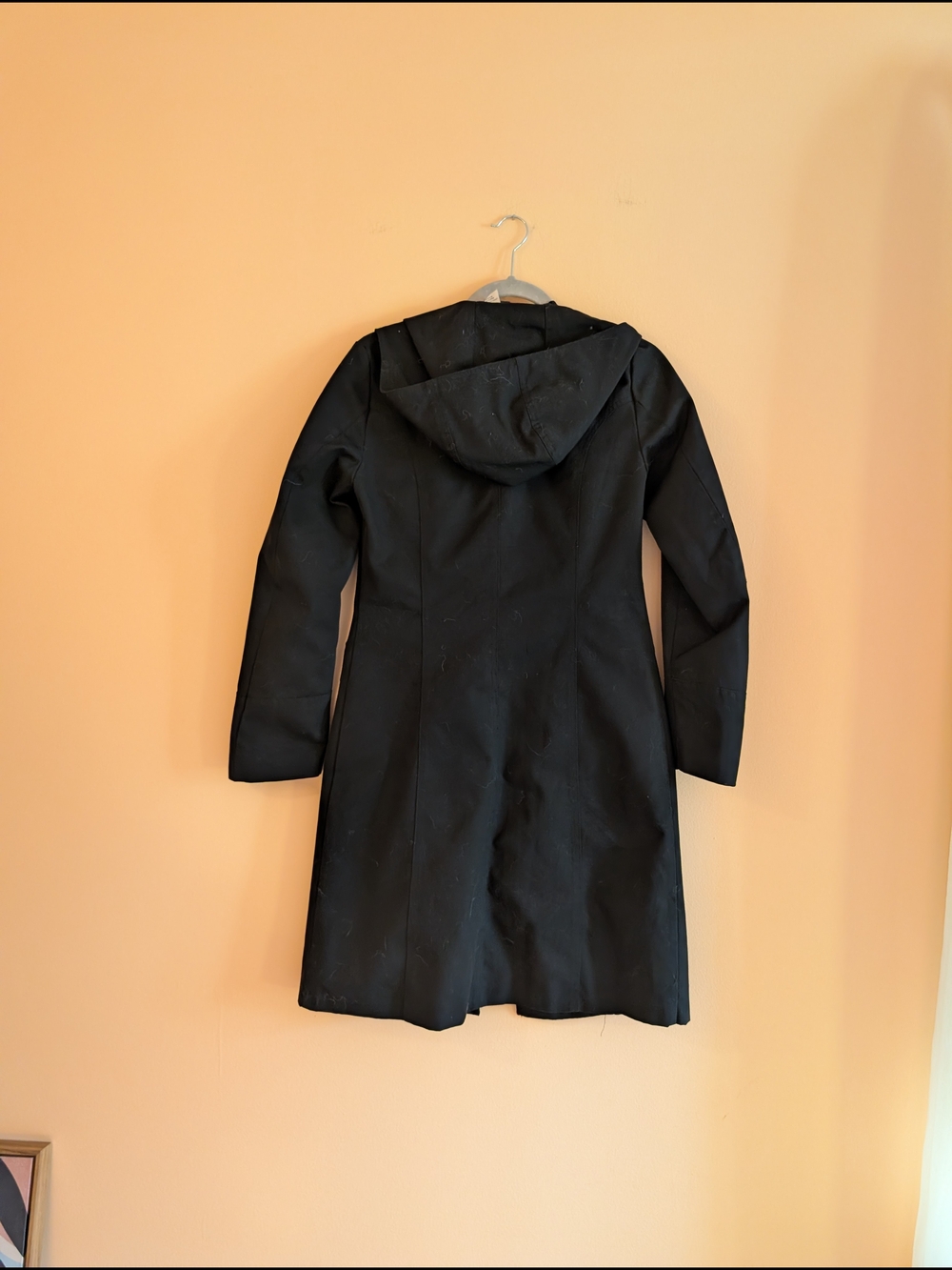 Divided Black Hooded Trench Coat with Eyelet-Trim Pockets - Picture 4 of 4
